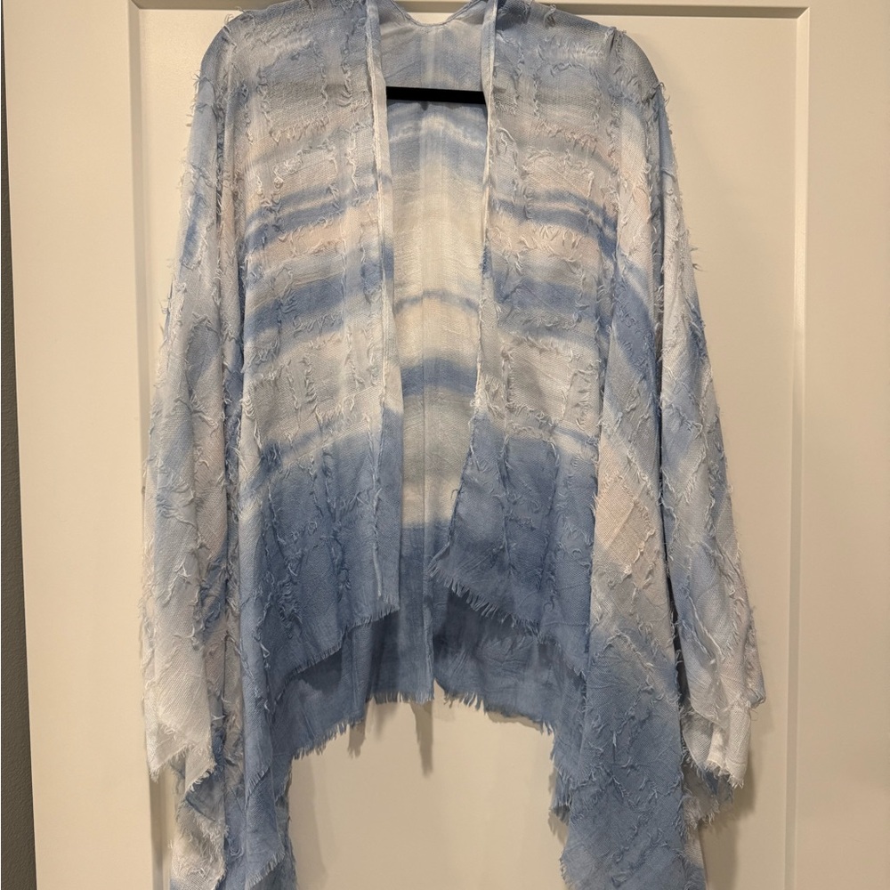 Blue and White Frayed Open Cardigan